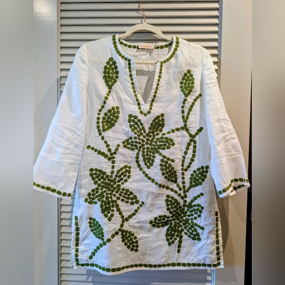 Tory Burch White Linen Tunic with Olive Green Embroidery